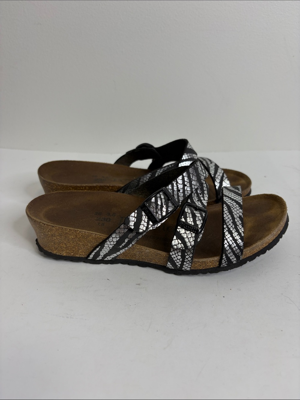 Papillio Birkenstock Sandals Womens 36 5 Black Silver Zebra Faux Leather Wedge